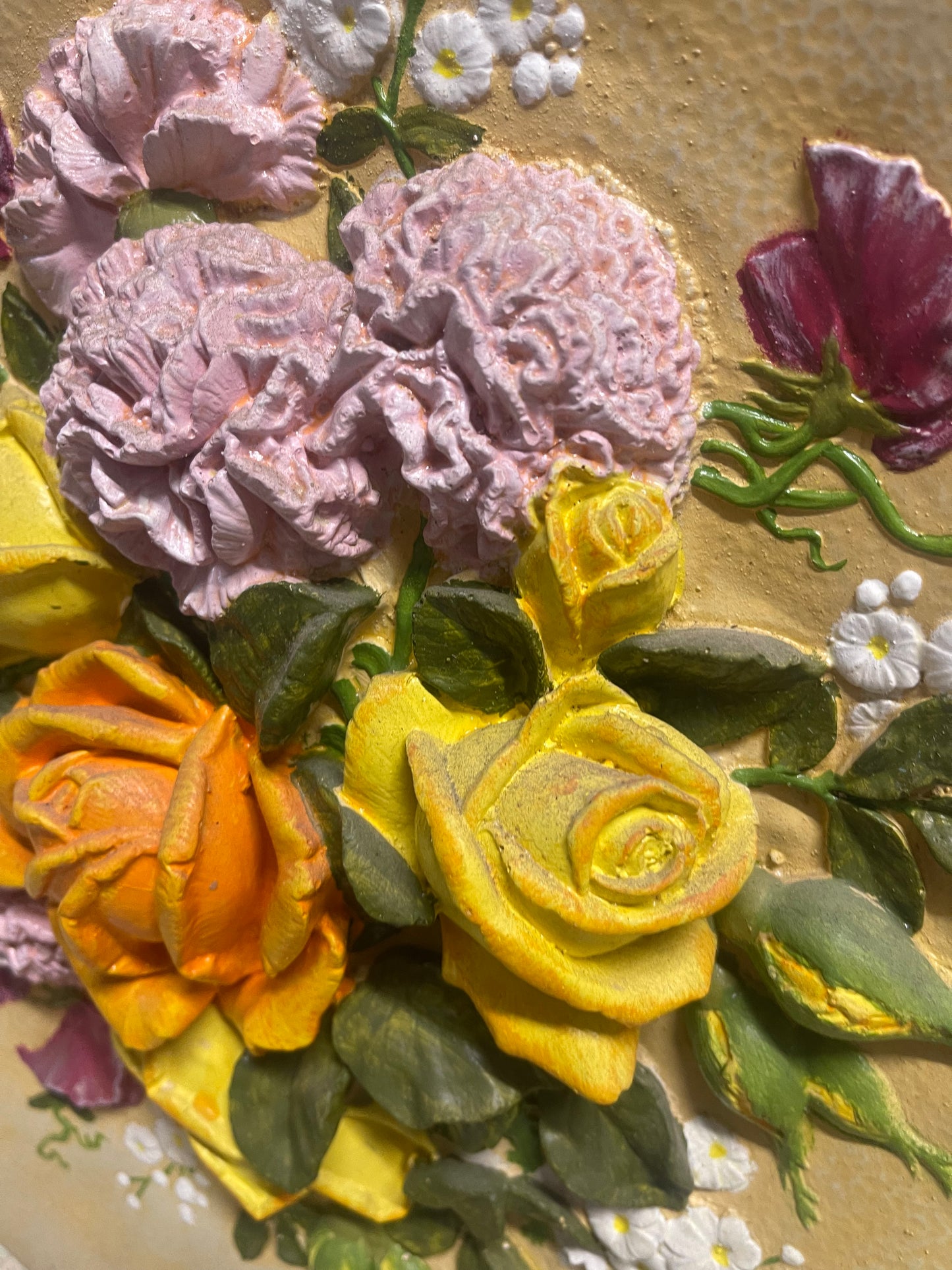 Vintage Chalkware Floral Wall Plate – Large Raised Flower Design