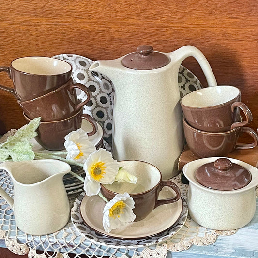 Kelston Ceramics “Nova” D.645 – 1970s Brown & Cream Stoneware Teaset for Six – Made in New Zealand