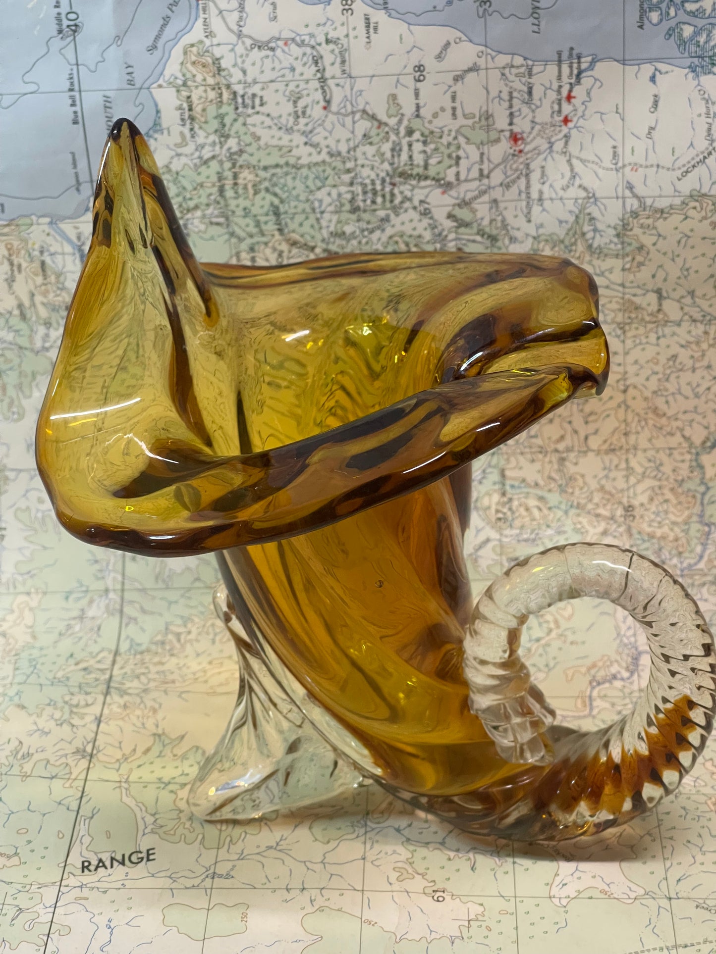 Mid-Century Amber & Clear Art Glass Cornucopia Vase / Jug – Sculptural Hand-Formed Glass