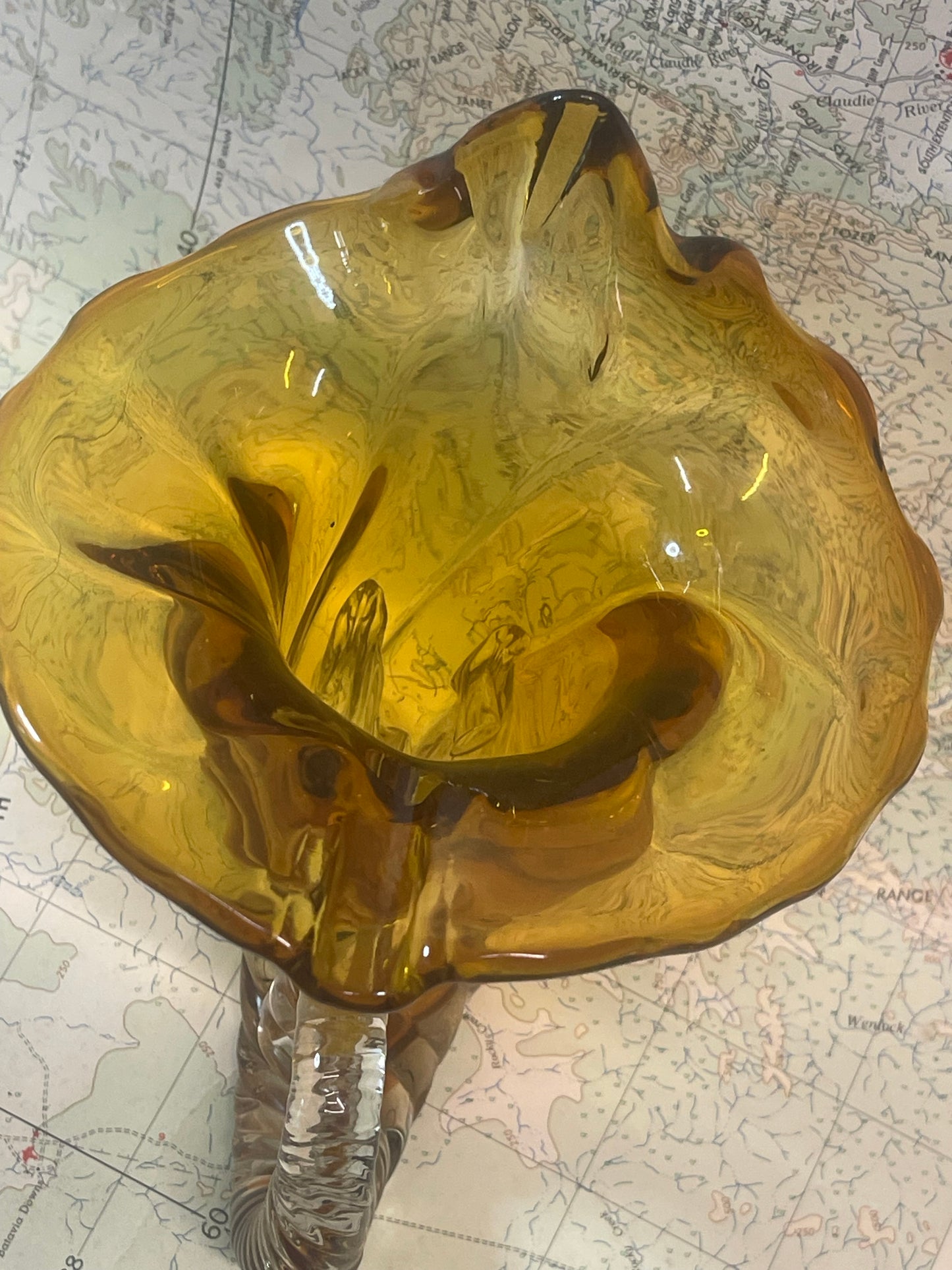 Mid-Century Amber & Clear Art Glass Cornucopia Vase / Jug – Sculptural Hand-Formed Glass