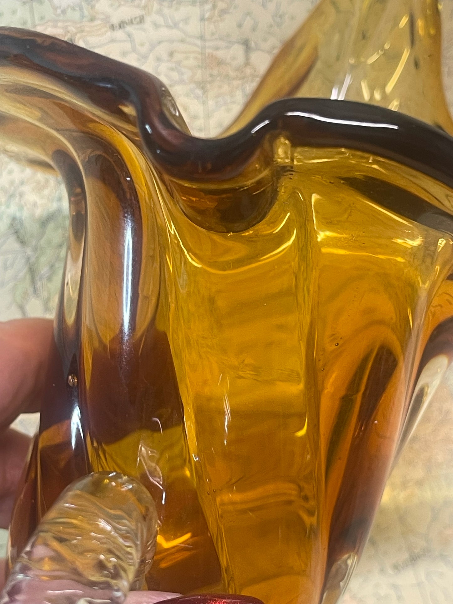 Mid-Century Amber & Clear Art Glass Cornucopia Vase / Jug – Sculptural Hand-Formed Glass