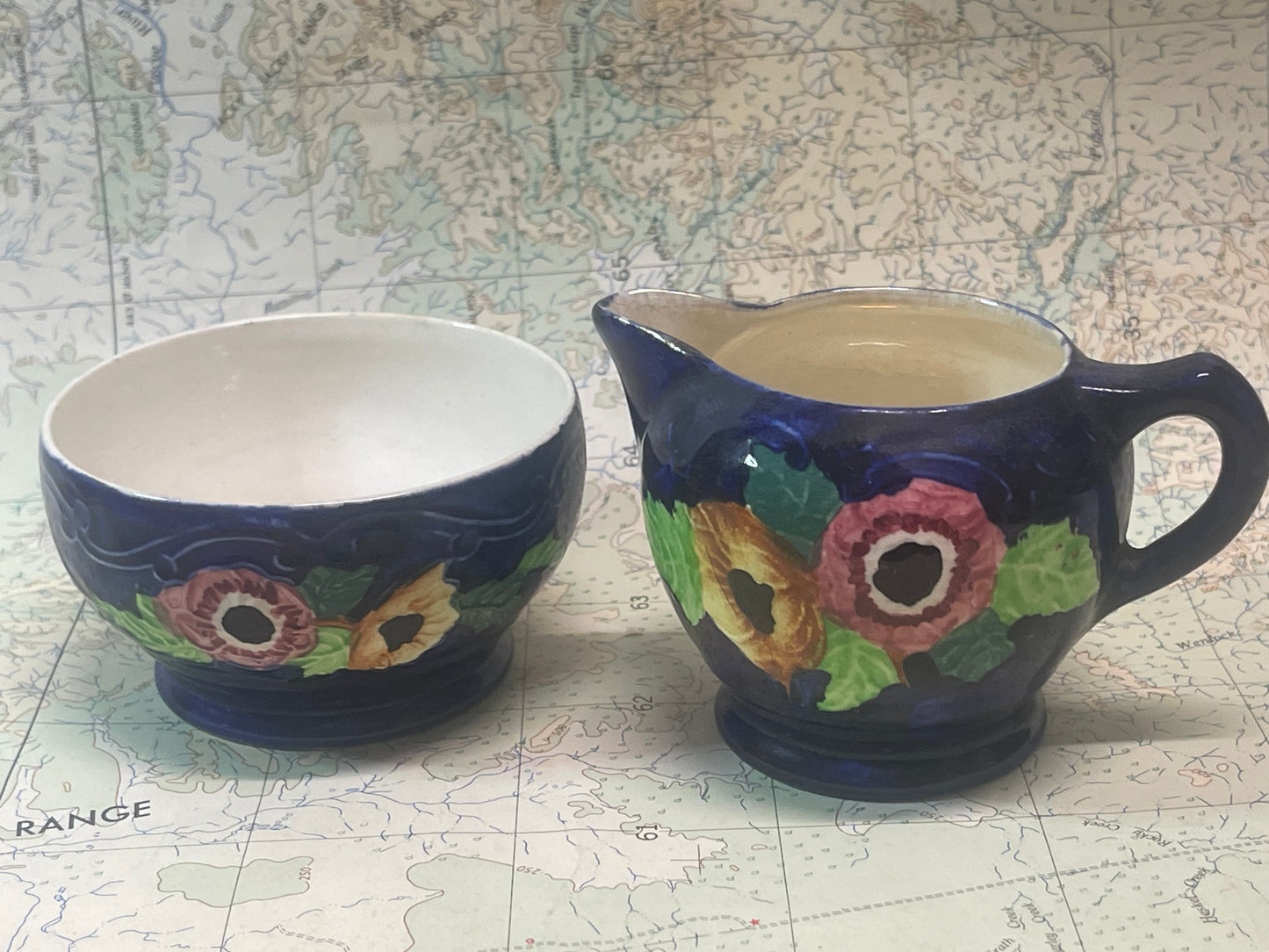 Vintage Maling Ware “Peony Rose” Sugar Bowl & Creamer – Pair