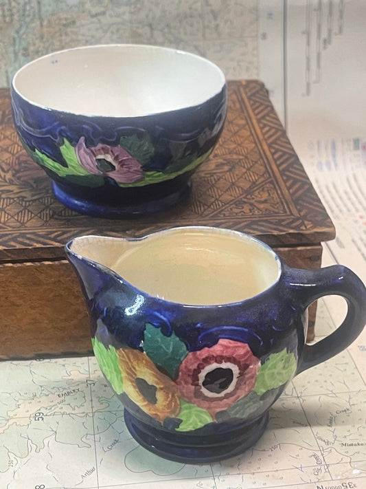 Vintage Maling Ware “Peony Rose” Sugar Bowl & Creamer – Pair