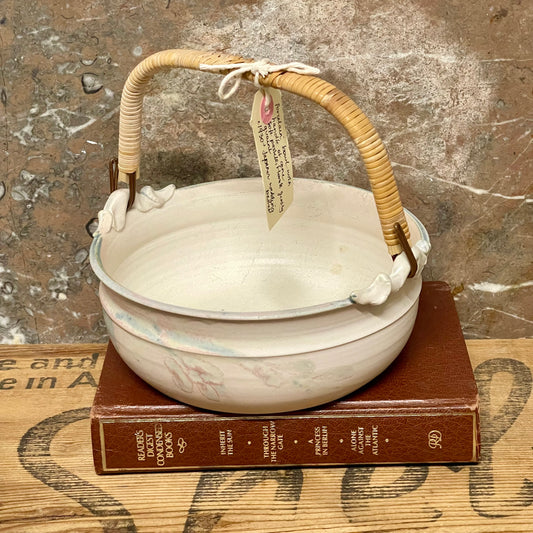 1970s Japanese Porcelain Basket with Cane Handle