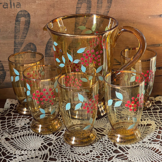 Vintage 1940s Hand-Painted Amber Glass Jug & Five Glasses — Red Berries & Aqua Leaves