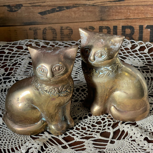 Pair of Vintage Solid Brass Cats — Floral Collar Design