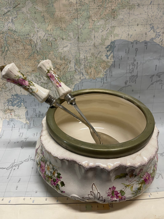 Edwardian Floral Ceramic Salad Bowl with Silver-Plate Rim & Servers