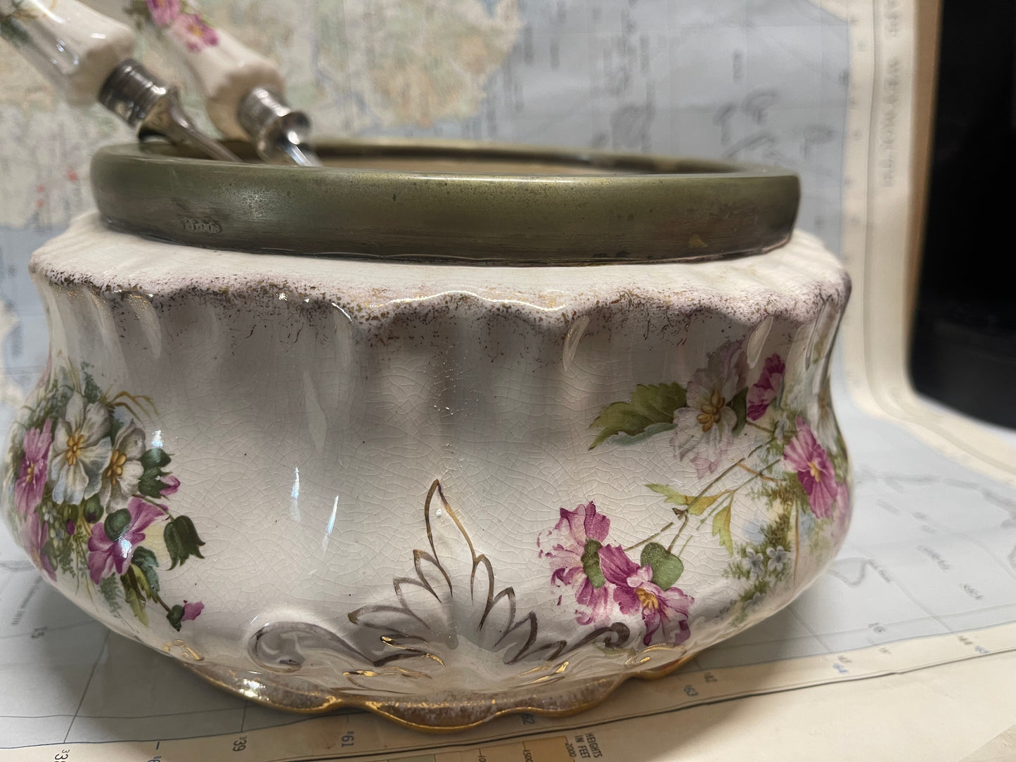 Edwardian Floral Ceramic Salad Bowl with Silver-Plate Rim & Servers