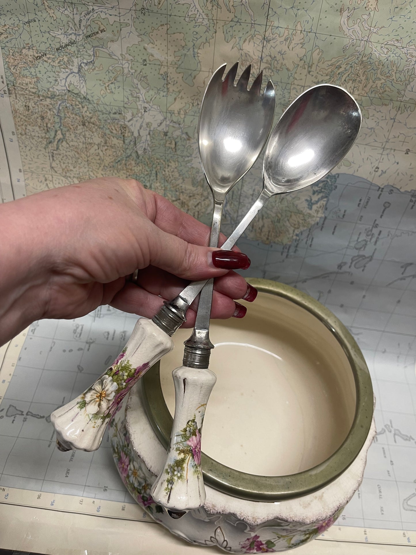 Edwardian Floral Ceramic Salad Bowl with Silver-Plate Rim & Servers