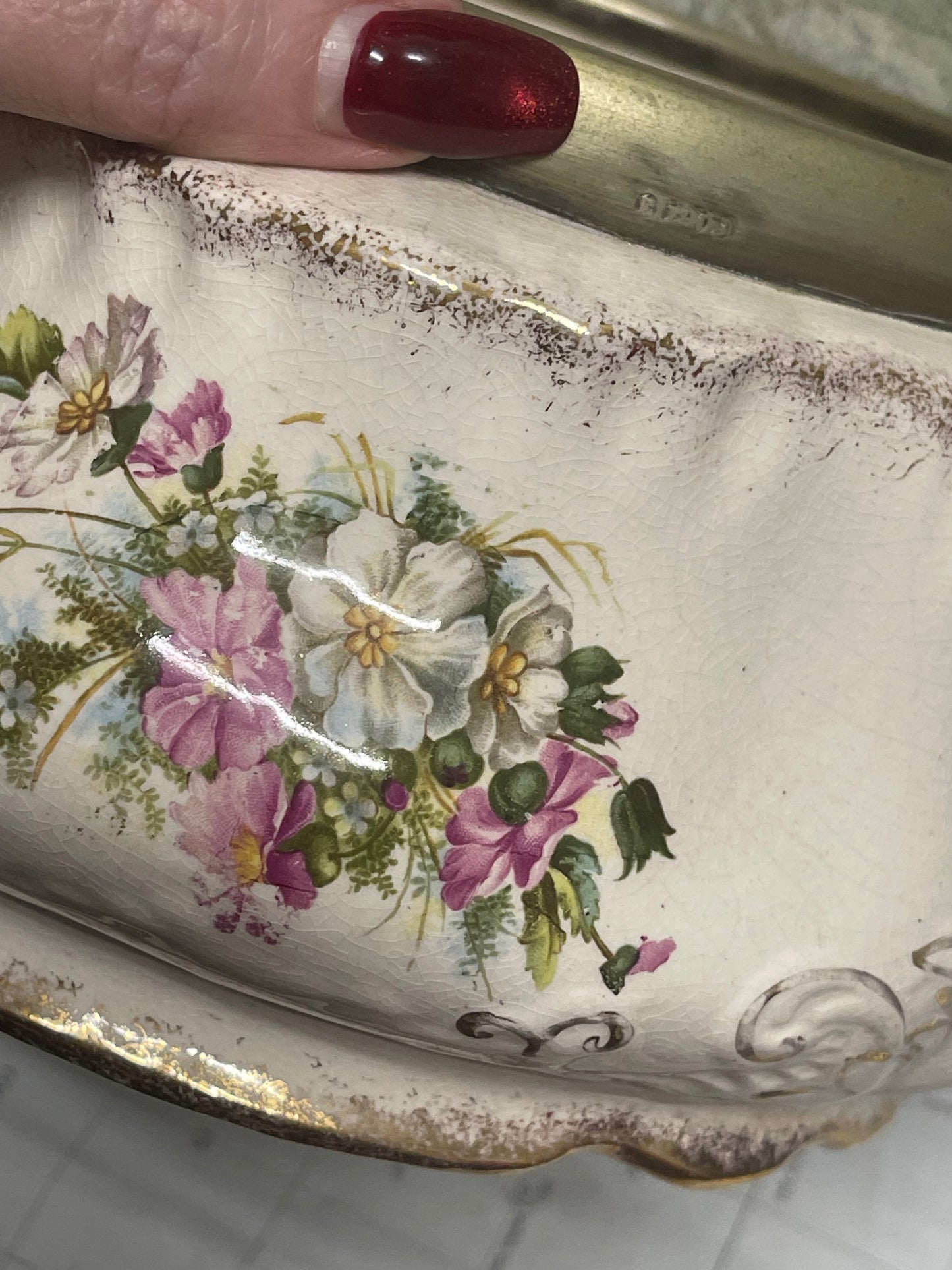 Edwardian Floral Ceramic Salad Bowl with Silver-Plate Rim & Servers