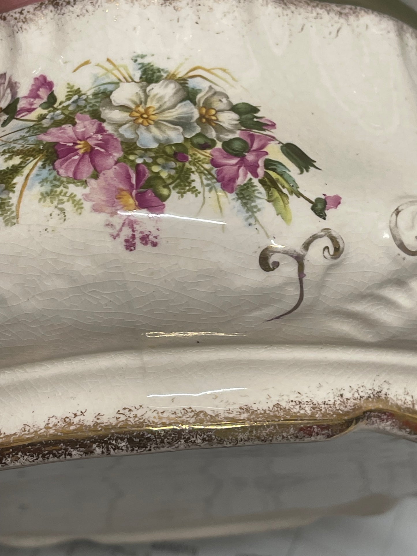 Edwardian Floral Ceramic Salad Bowl with Silver-Plate Rim & Servers