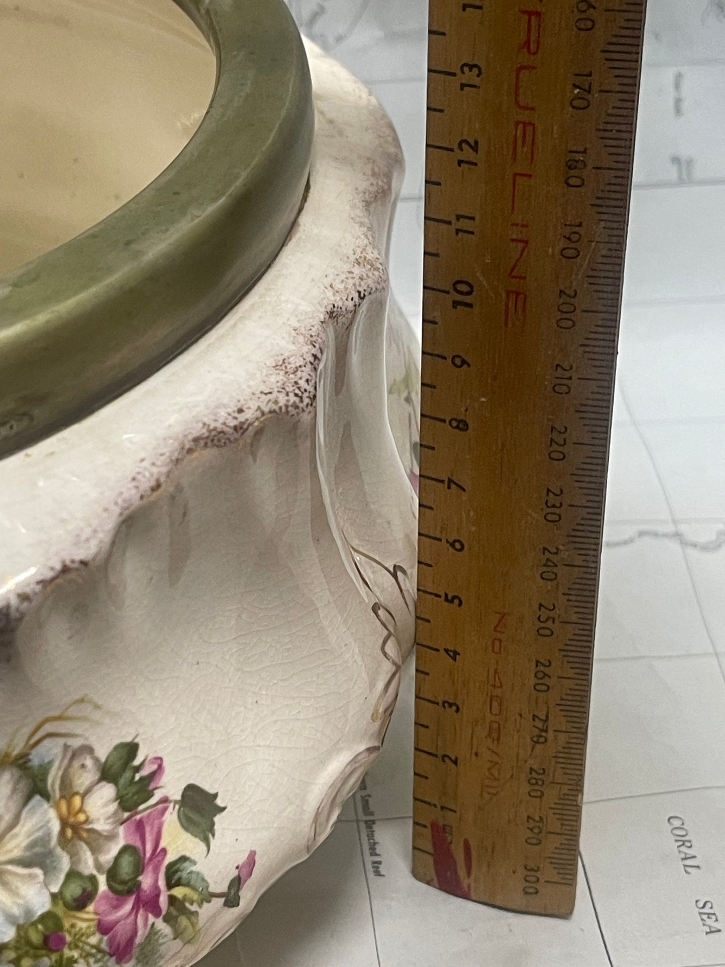 Edwardian Floral Ceramic Salad Bowl with Silver-Plate Rim & Servers