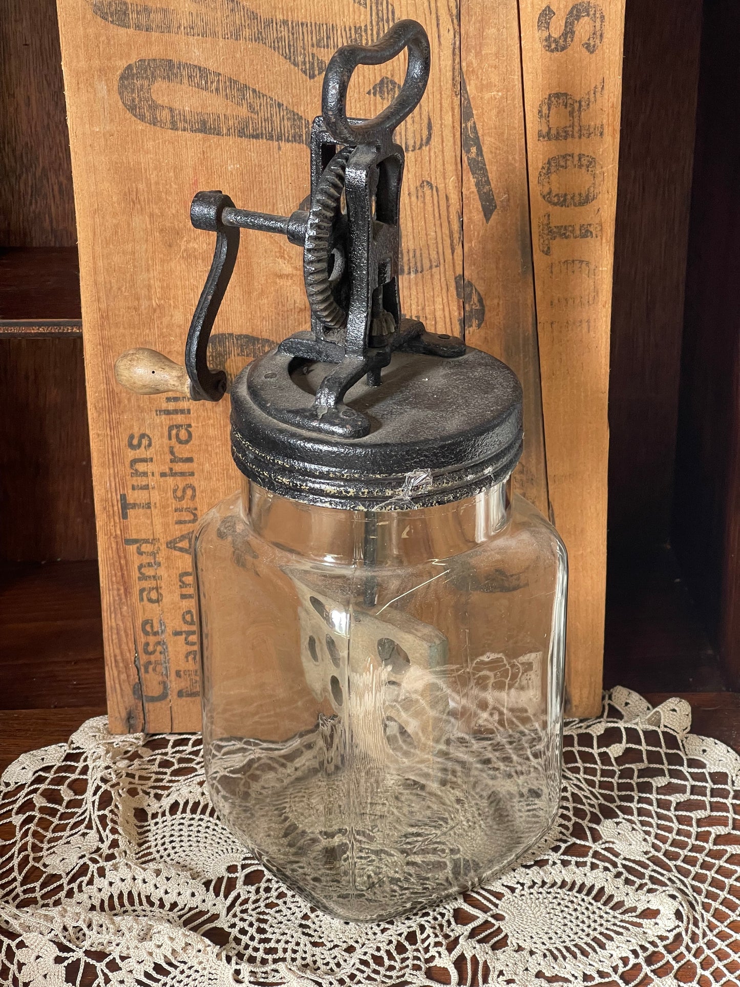 Early 1900s Cast Iron Hand-Crank Butter Churn (Farmhouse Primitive)