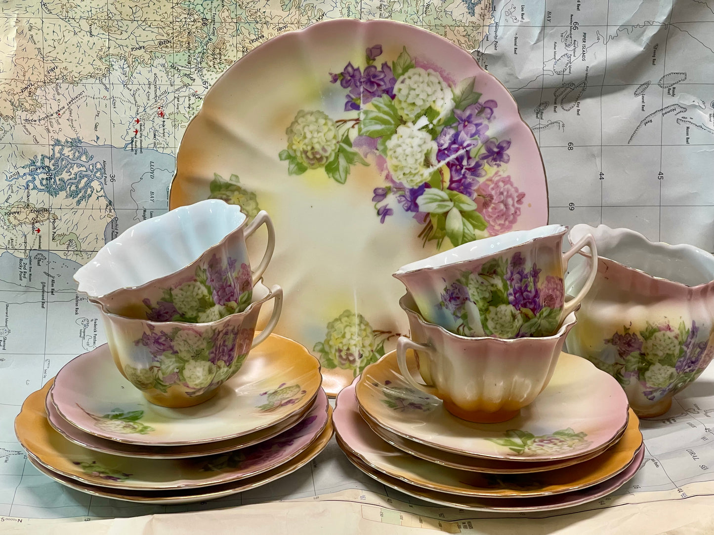 Hand-Painted Japanese Tea Set c.1920s - 4 Place Setting with Cake Plate & Jug