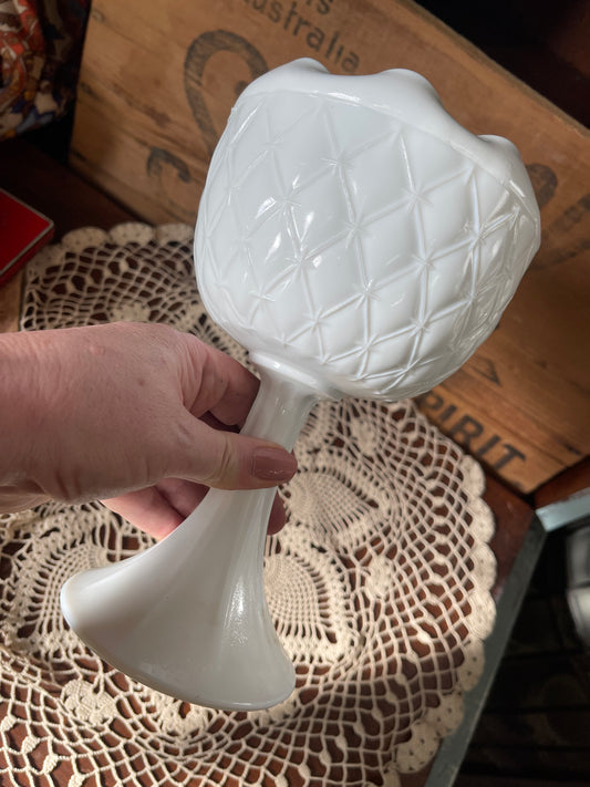 Vintage Milk Glass Pedestal Compote | Diamond Pattern | Ruffled Edge Vase c.1960s