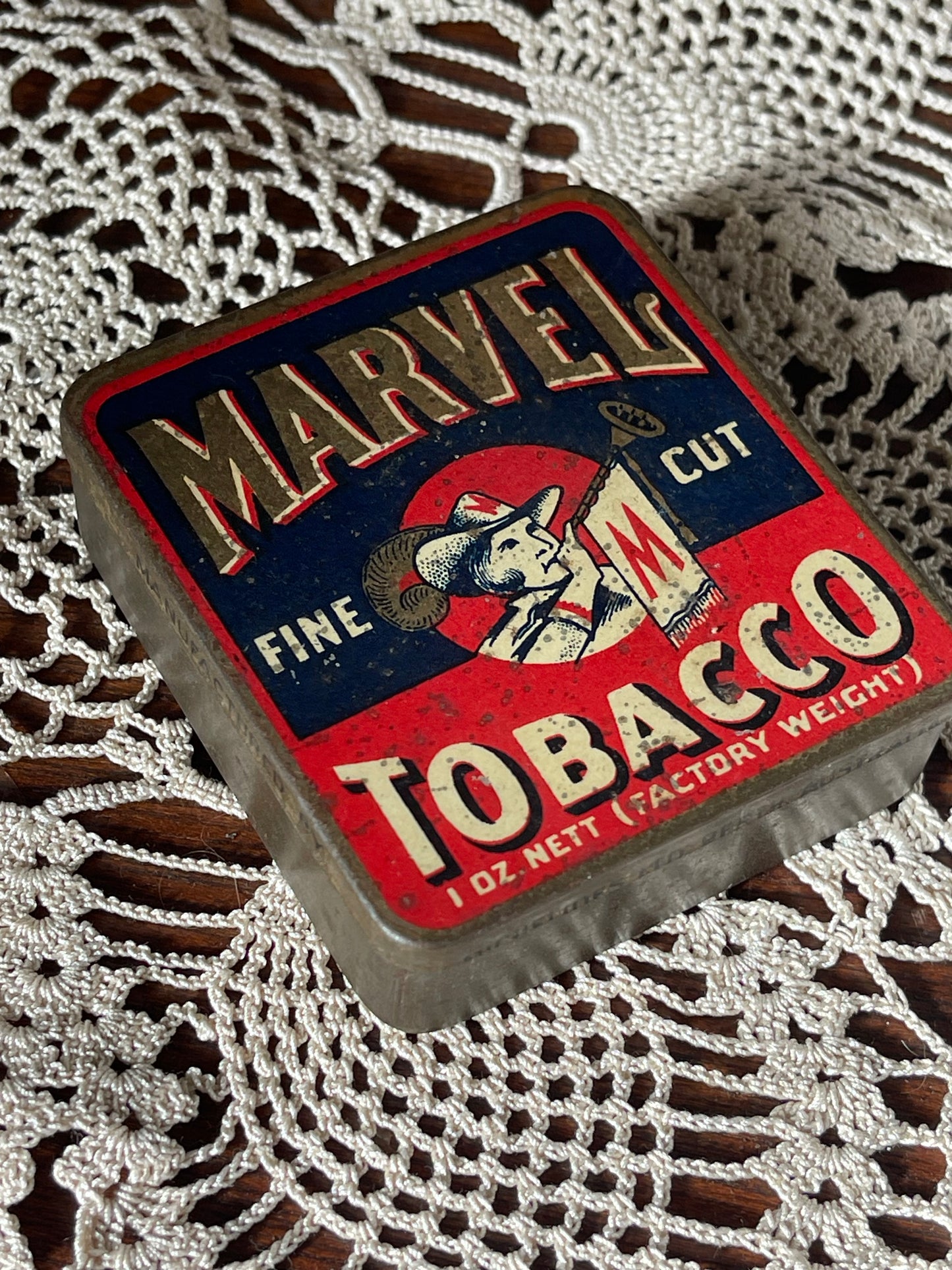 Marvel Fine Cut Tobacco Tin – Vintage 1oz Red & Blue Graphic Design