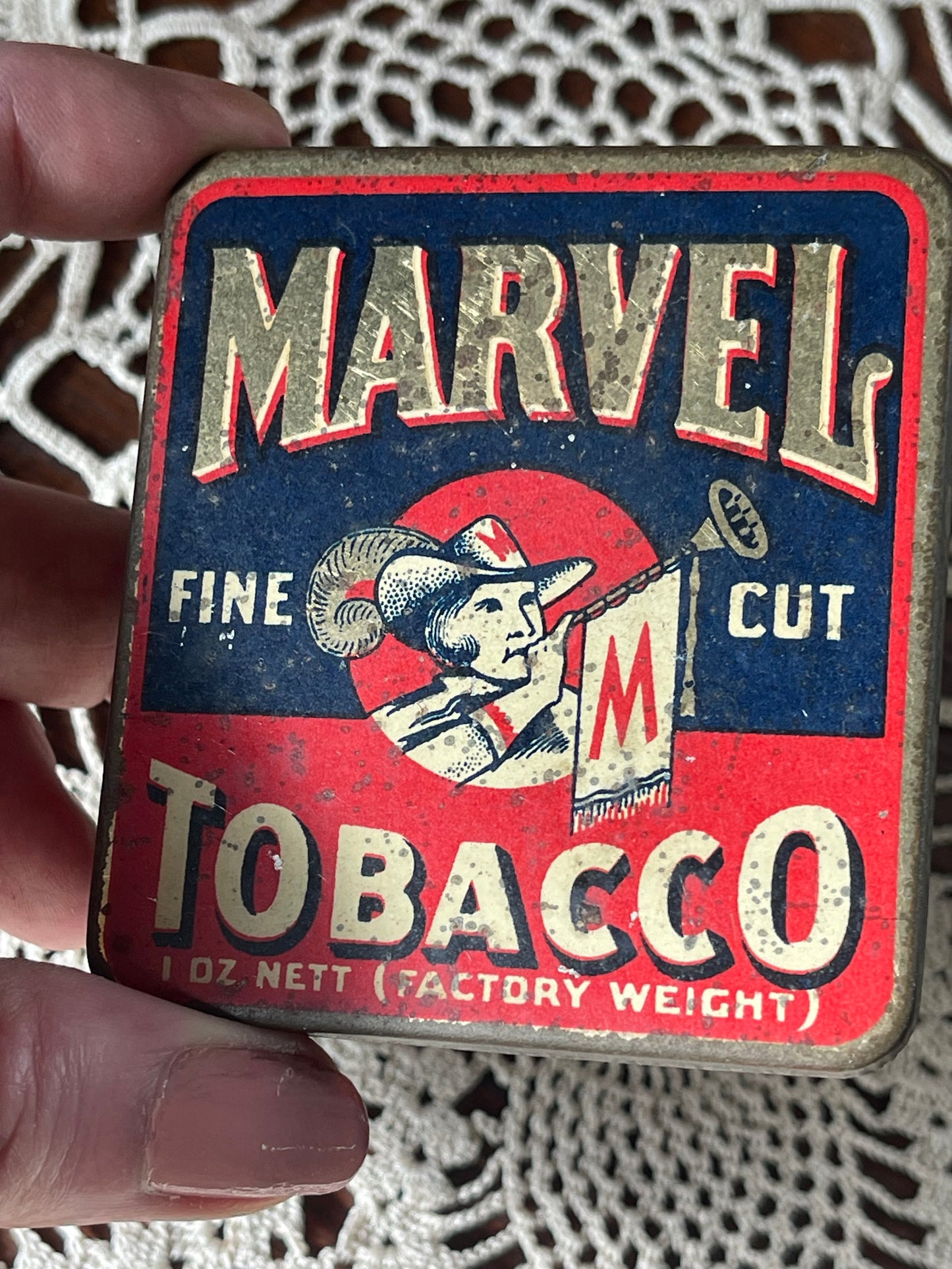 Marvel Fine Cut Tobacco Tin – Vintage 1oz Red & Blue Graphic Design