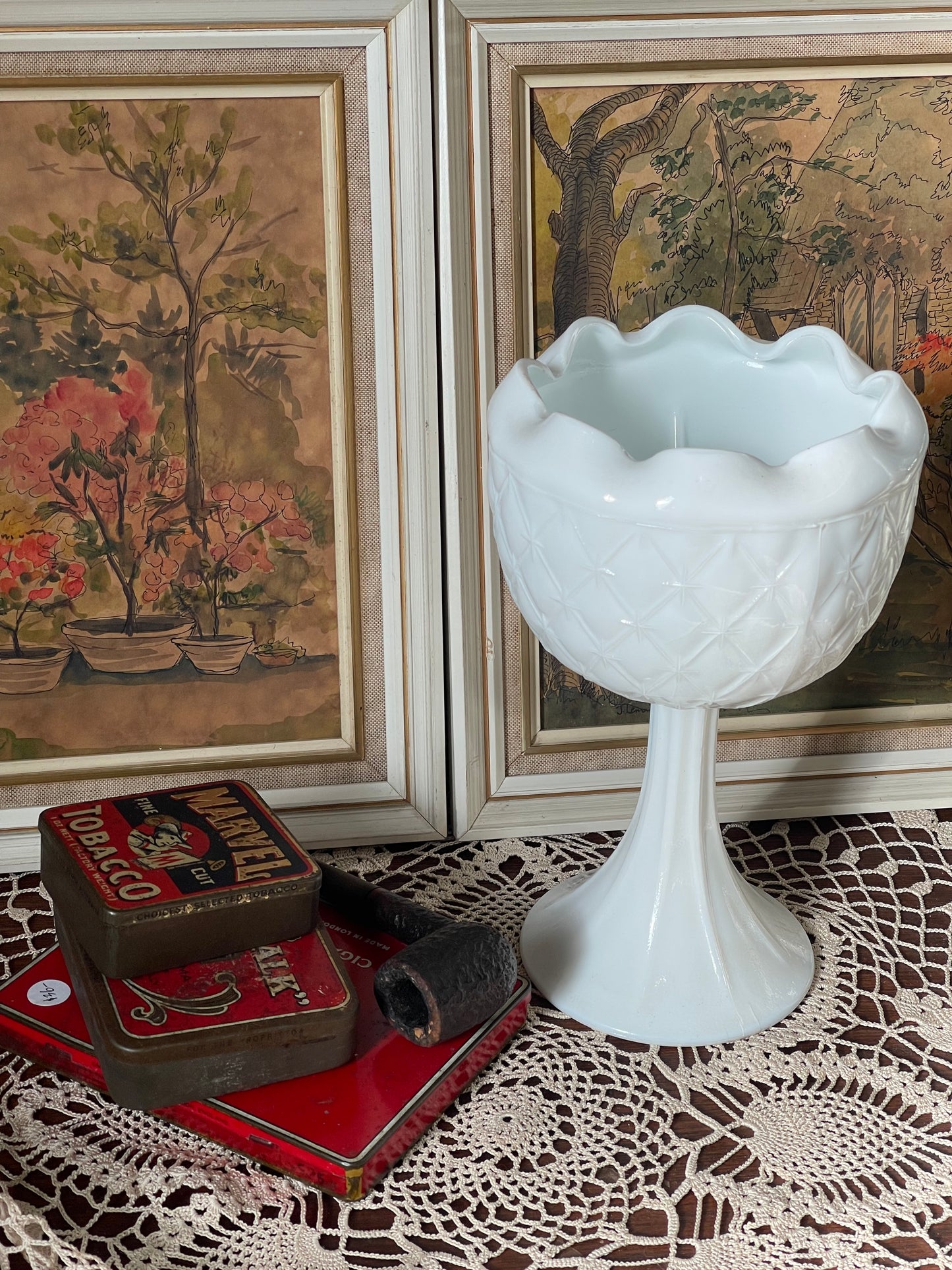 Vintage Milk Glass Pedestal Compote | Diamond Pattern | Ruffled Edge Vase c.1960s