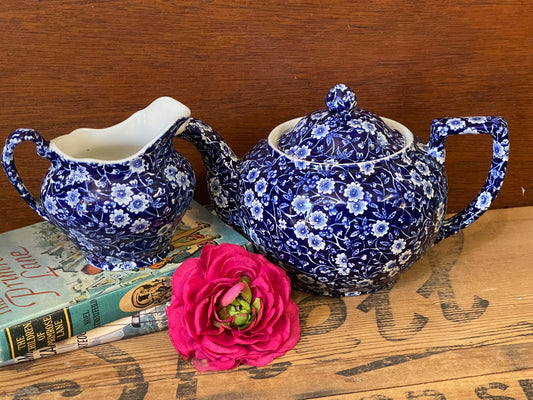 Vintage Burleigh Blue Calico teapot and creamer