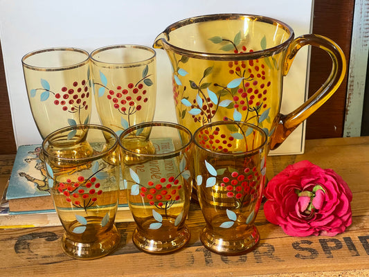 Vintage 1940s hand painted Amber and Gold Glass jug and five Glasses