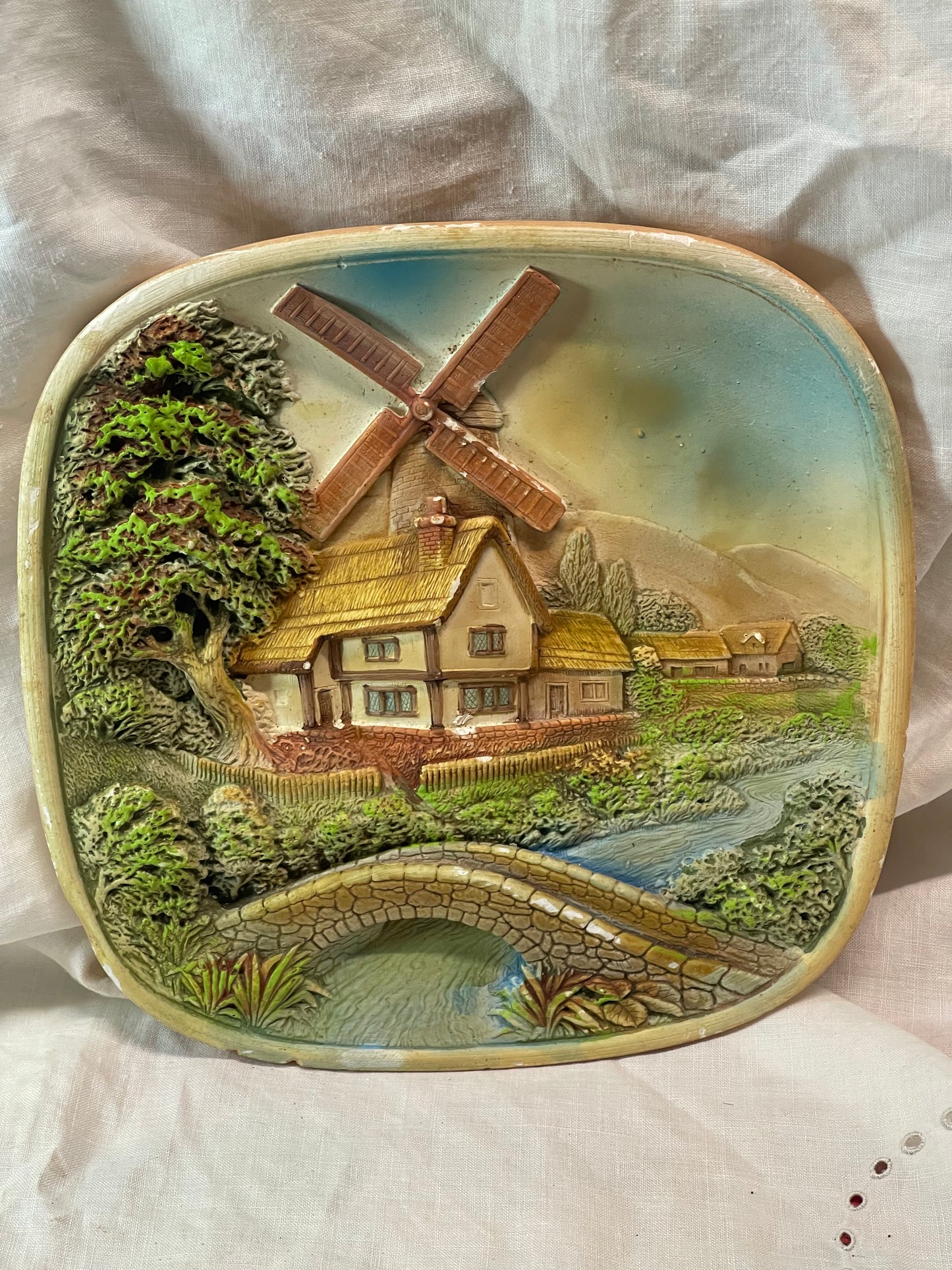 Vintage Chalkware Cottage Wall Plaque with Windmill (c.1960s)