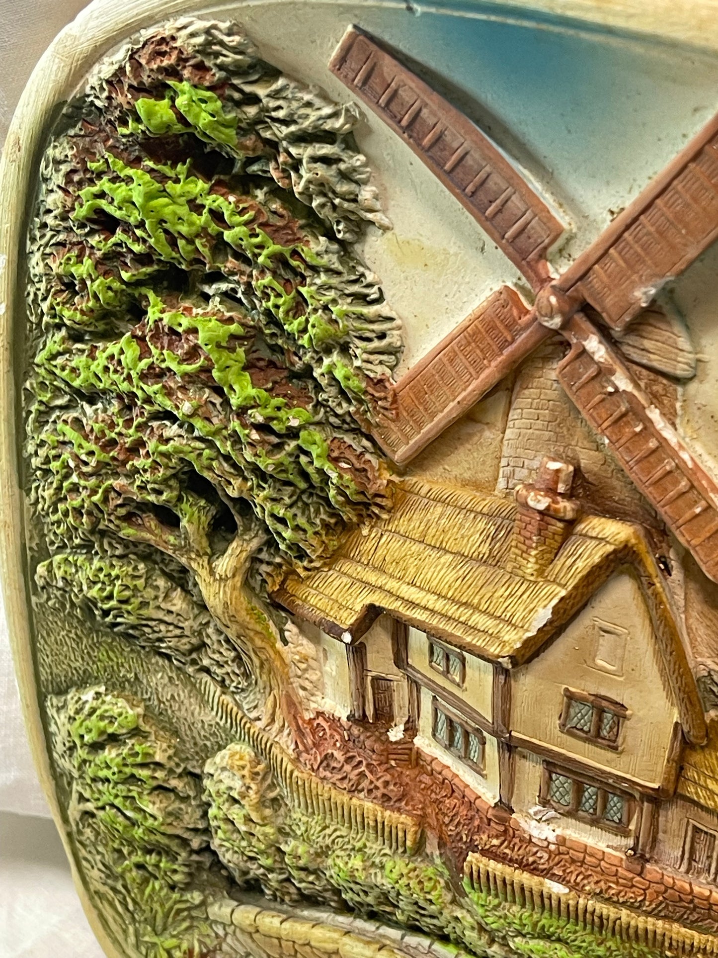 Vintage Chalkware Cottage Wall Plaque with Windmill (c.1960s)