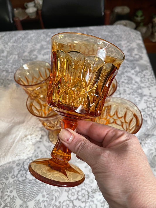 Set of Six Vintage Amber Pressed Glass Goblets – c.1970s