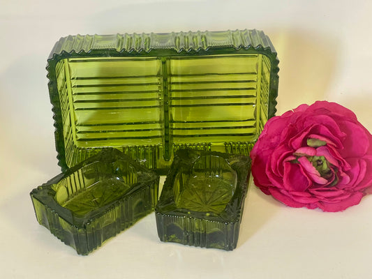 Vintage Dark avocado green glass 3 piece cigarette and ashtray set