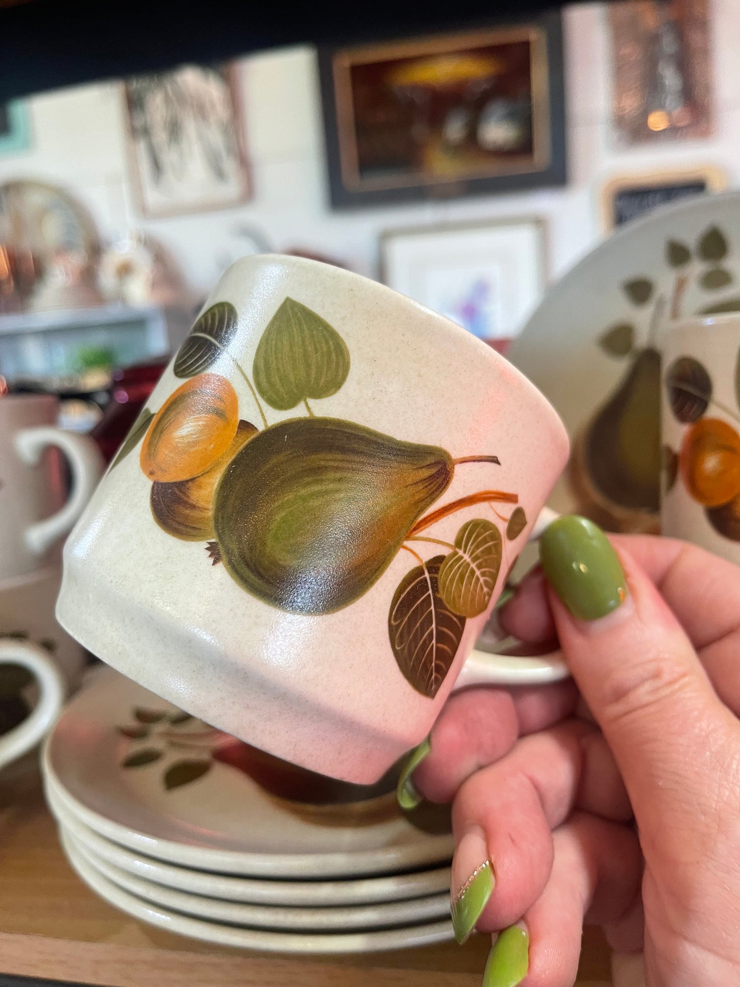 Vintage Johnson of Australia ‘Green Pear’ Stoneware Coffee Cups and Plates Set  of 6