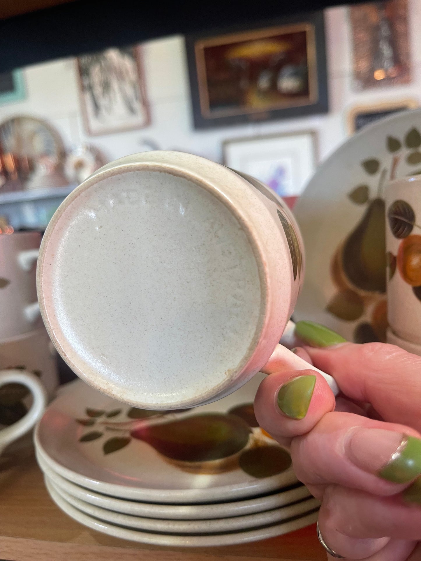 Vintage Johnson of Australia ‘Green Pear’ Stoneware Coffee Cups and Plates Set  of 6