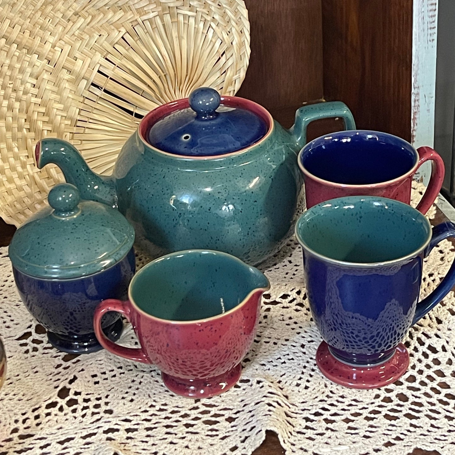 Vintage Denby Harlequin Tea Set – Teapot, Sugar Bowl, Jug & Cups | Made in England