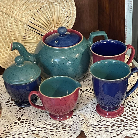 Vintage Denby Harlequin Tea Set – Teapot, Sugar Bowl, Jug & Cups | Made in England