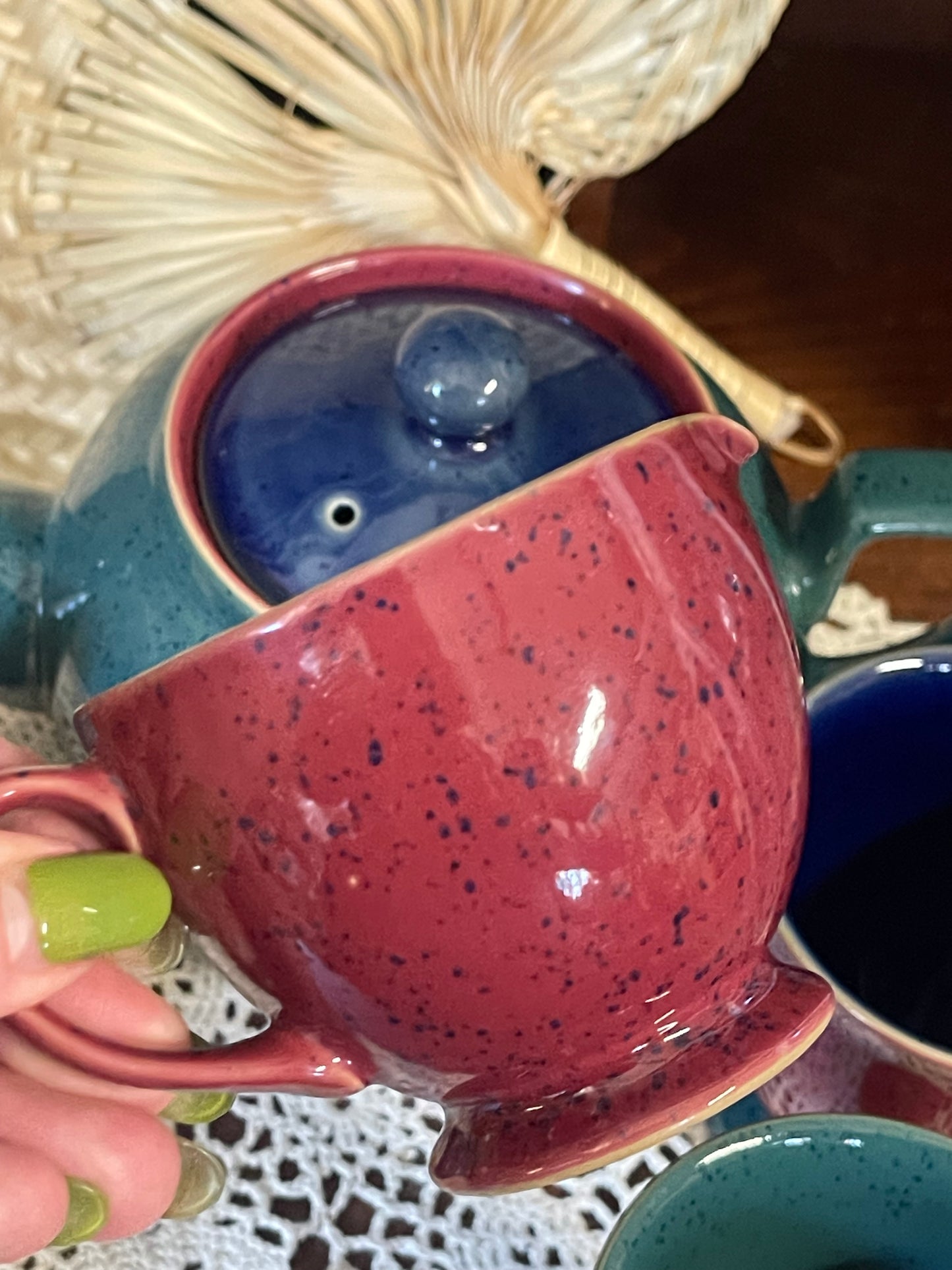 Vintage Denby Harlequin Tea Set – Teapot, Sugar Bowl, Jug & Cups | Made in England