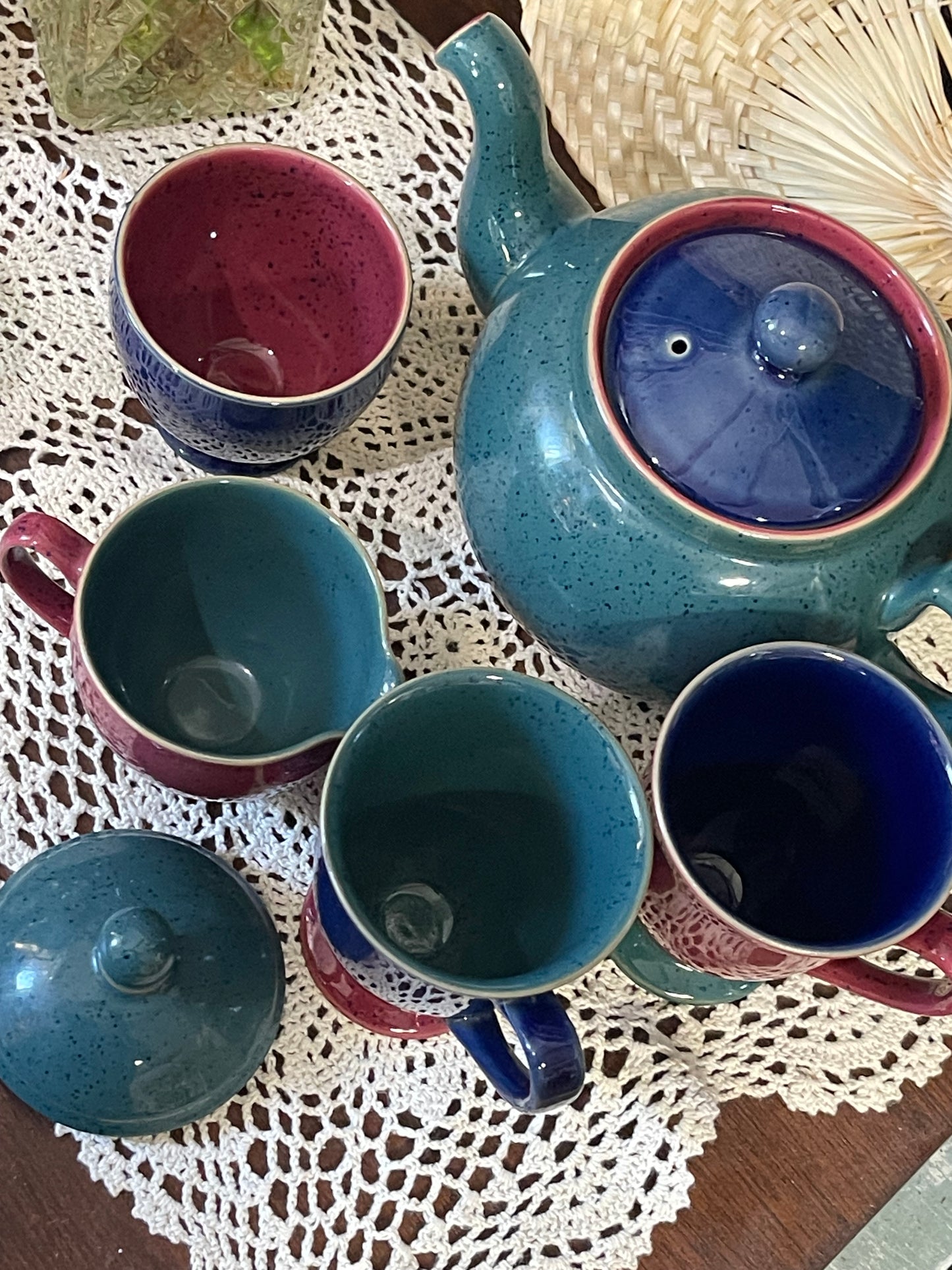 Vintage Denby Harlequin Tea Set – Teapot, Sugar Bowl, Jug & Cups | Made in England