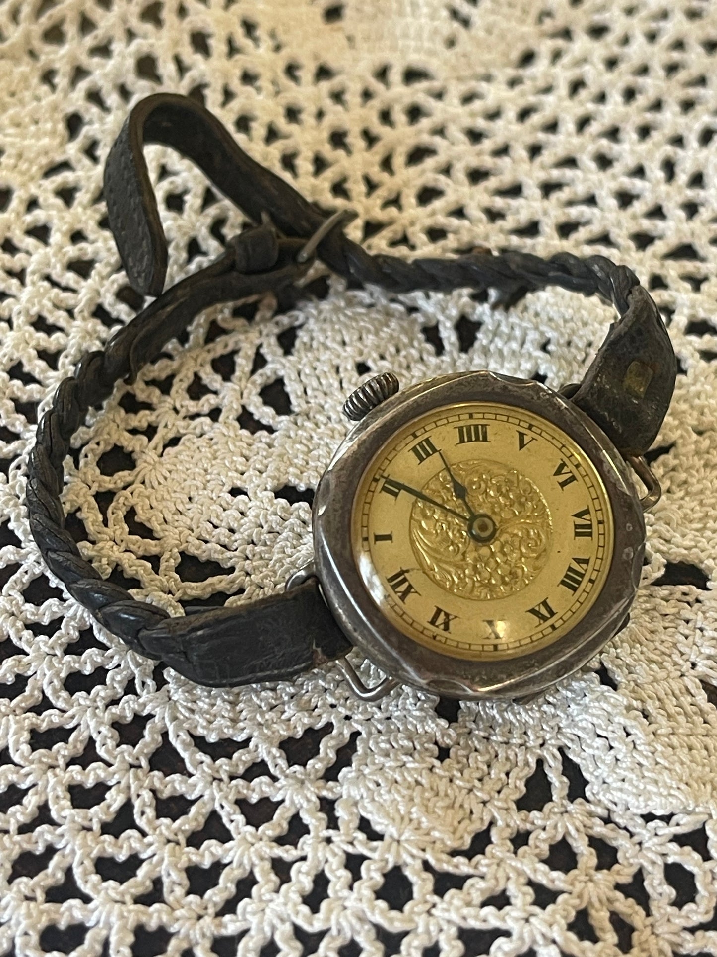 1920s Sterling Silver Ladies Wristwatch – Gilt Dial & Original Plaited Strap (Not Working)
