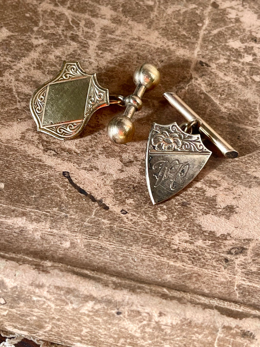 c.1900 Edwardian “Married Pair” 9ct Gold Shield Cufflinks