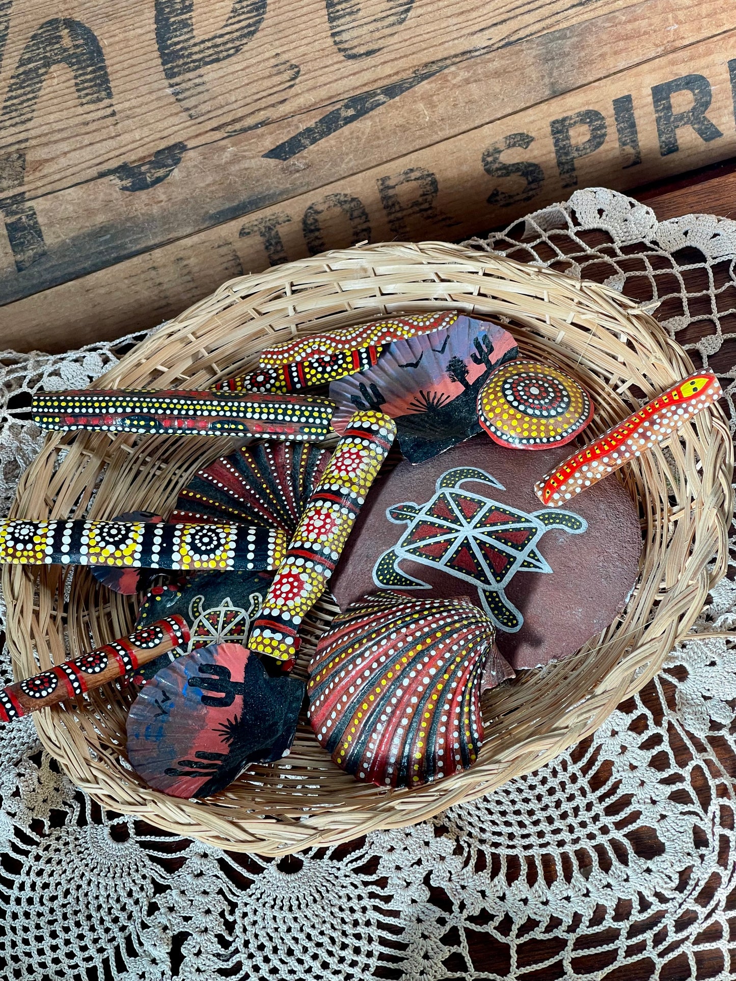 Basket of Hand-Painted Aboriginal-Inspired Souvenir Shells & Stones