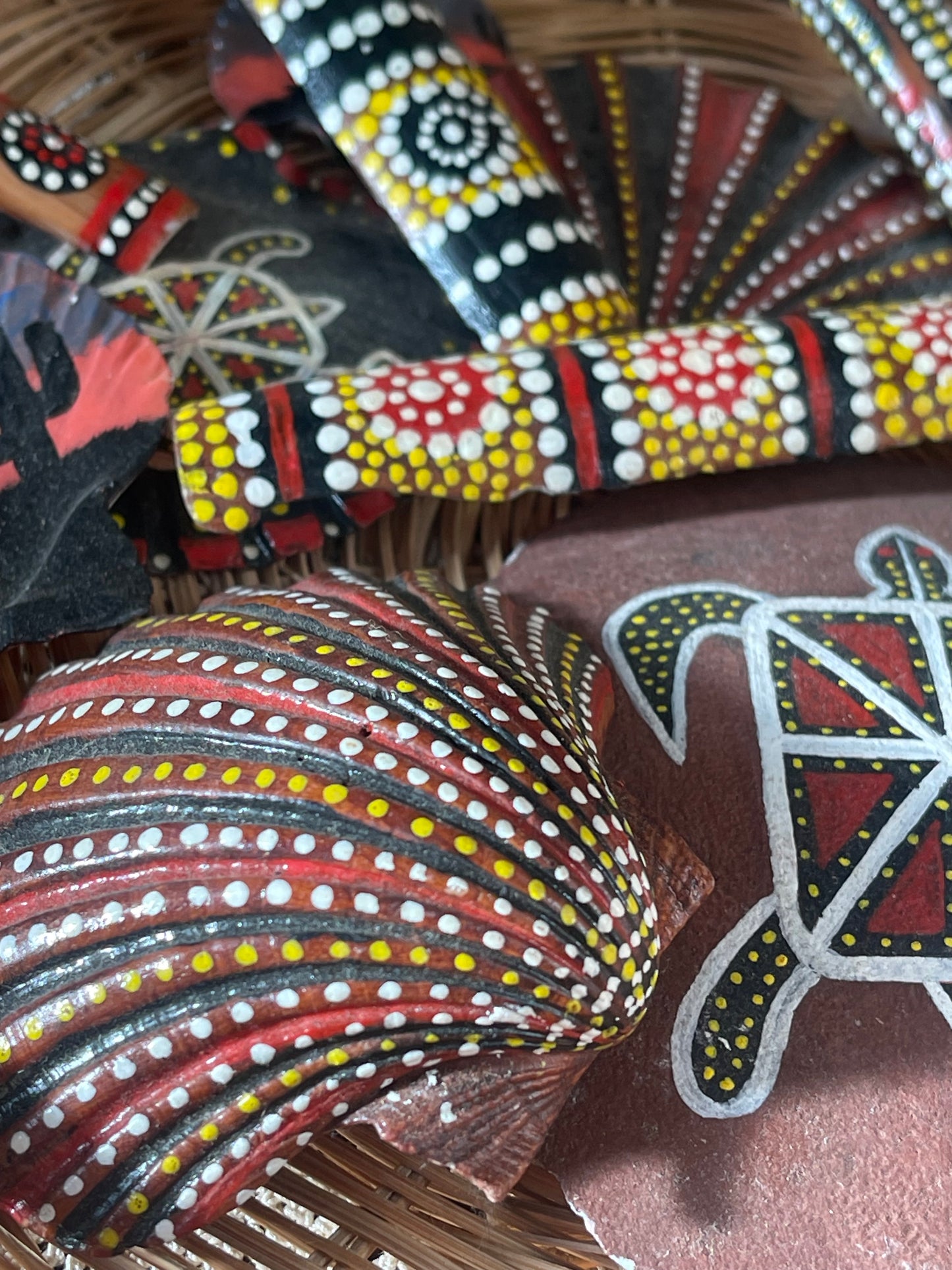Basket of Hand-Painted Aboriginal-Inspired Souvenir Shells & Stones