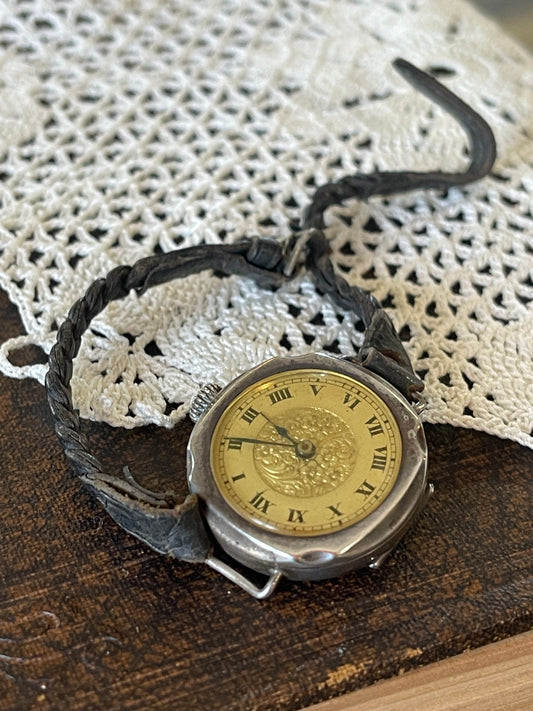 1920s Sterling Silver Ladies Wristwatch – Gilt Dial & Original Plaited Strap (Not Working)
