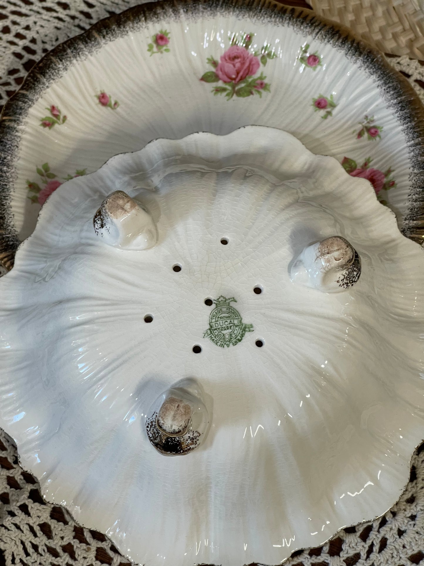 Vintage Crown Ducal Berry & Salad Drainer Bowl with Underplate – Pink Roses – Made in England