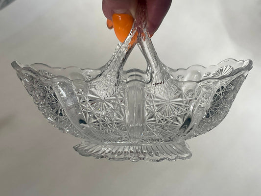 Fenton Glass Crossed Twig Handle Oval Basket Panel Button Daisy 1960's Signed