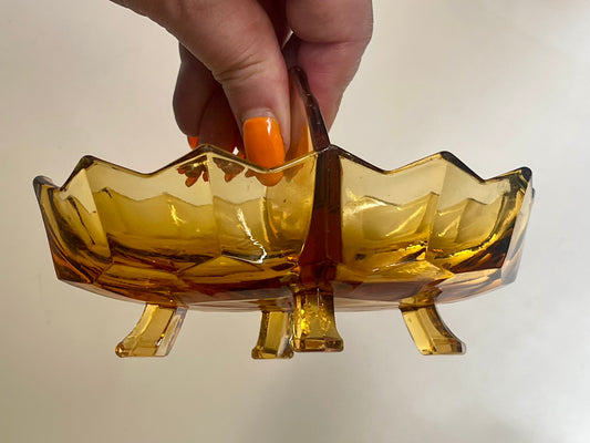 Vintage Amber Glass Divided Dish on Feet – 15 cm