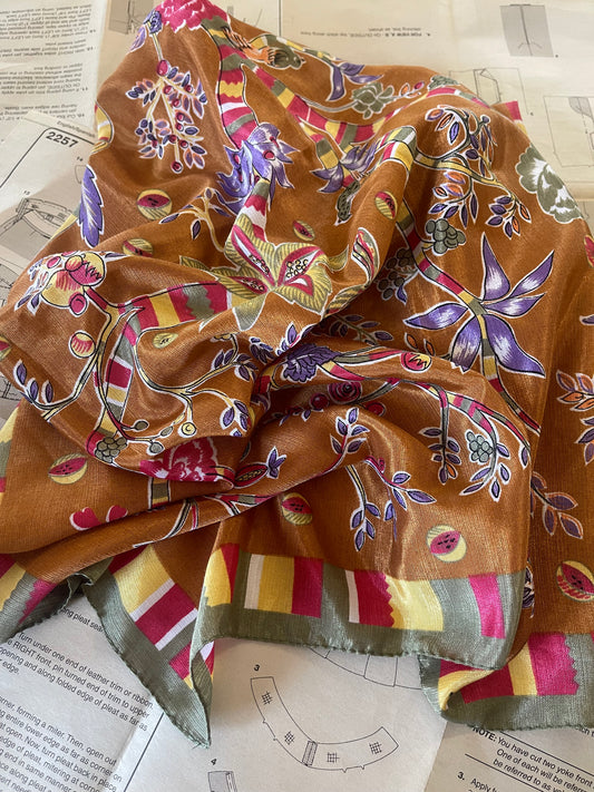 Vintage Italian Scarf – Autumn Floral with Ribbon Border (1970s) | 78cm