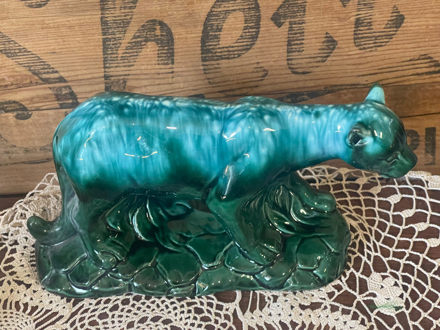 Vintage Pates Pottery Emerald Panther Figurine (c.1950s)