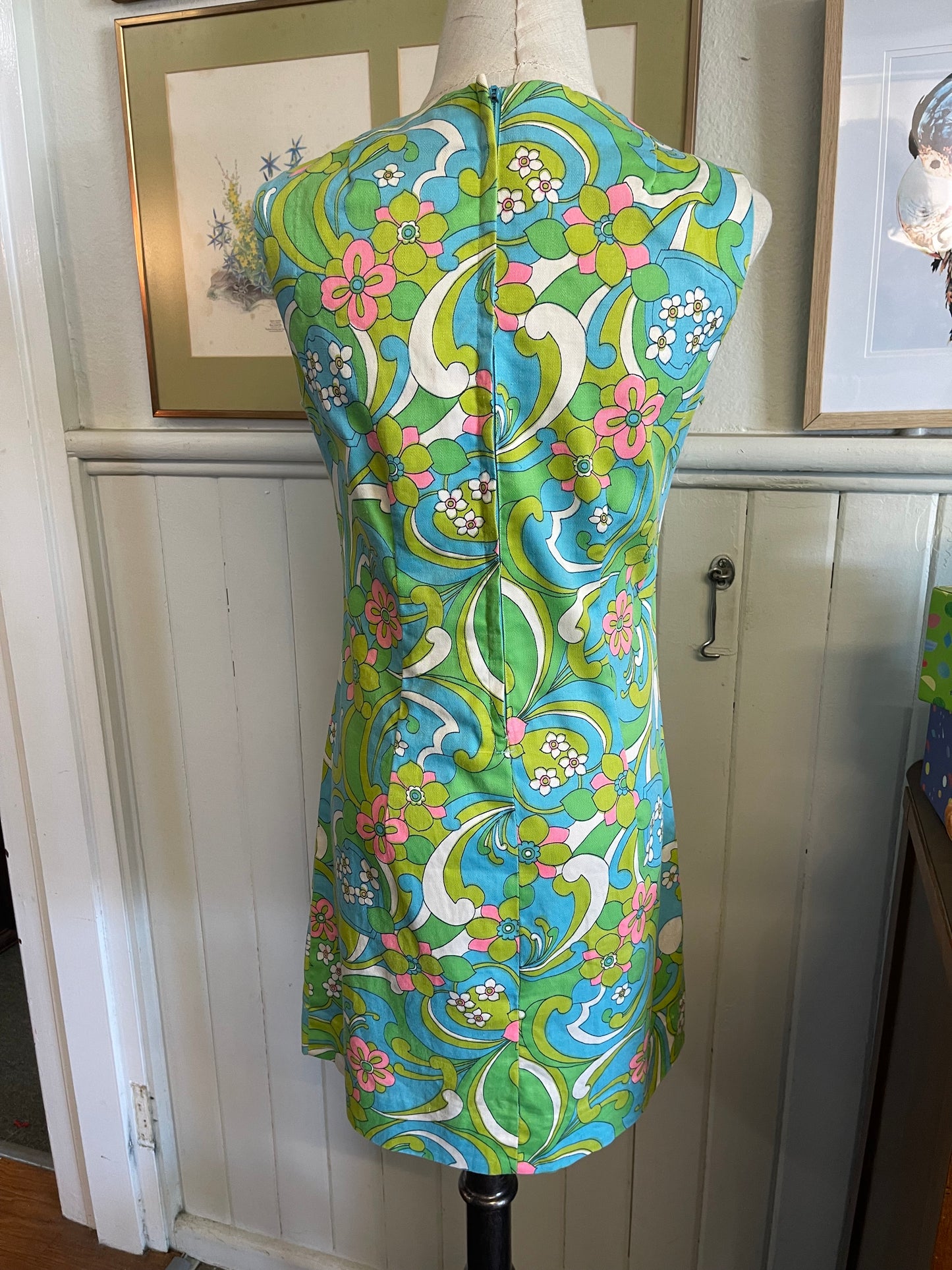 Vintage 60s handmade aqua green pink abstract floral cotton Dress Size 8-10