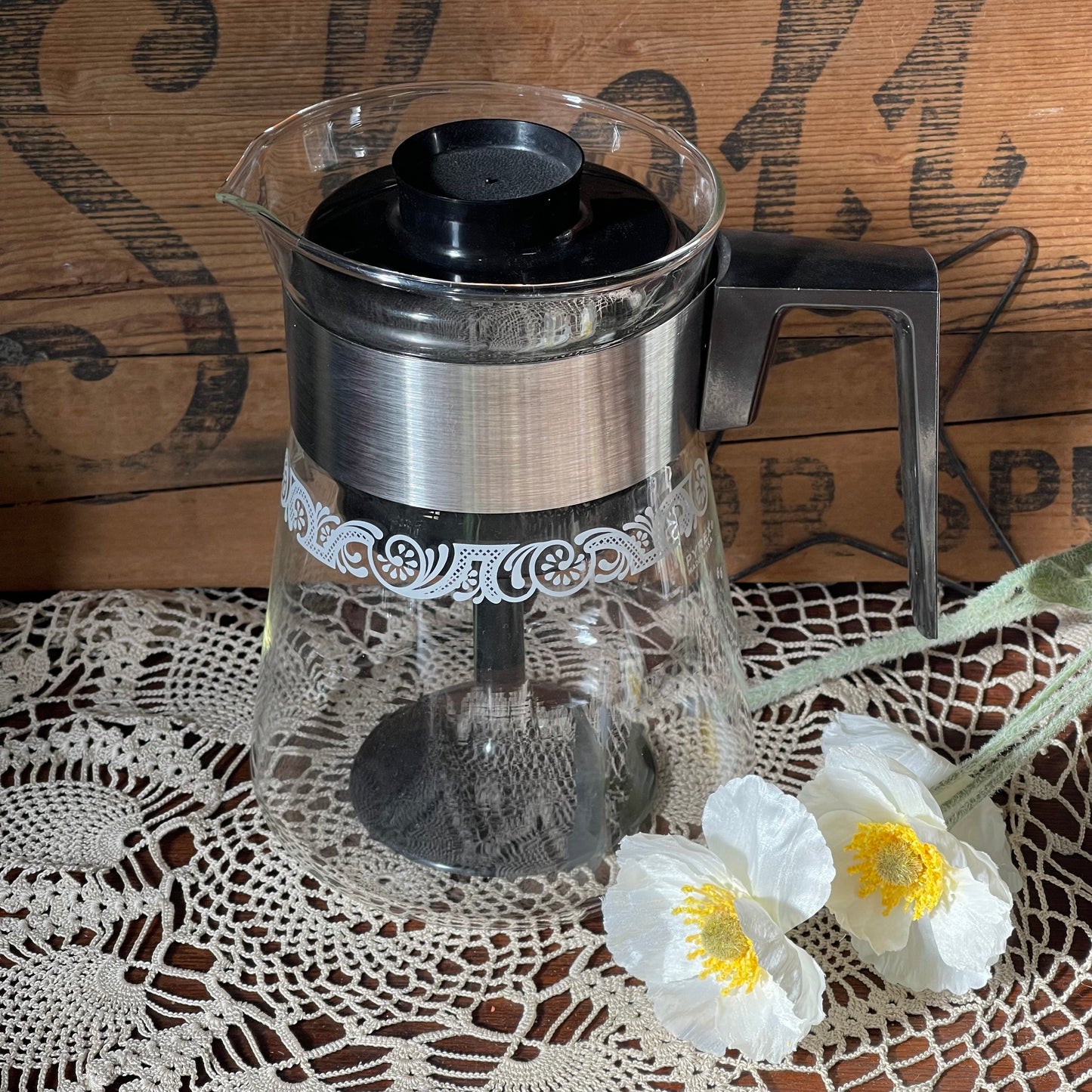 Vintage Pyrex Glass & Steel Stovetop Coffee Percolator — White Scroll Pattern (c.1970s)