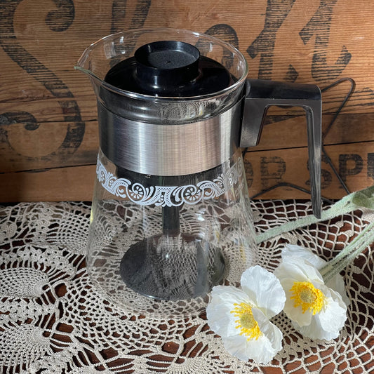 Vintage Pyrex Glass & Steel Stovetop Coffee Percolator — White Scroll Pattern (c.1970s)
