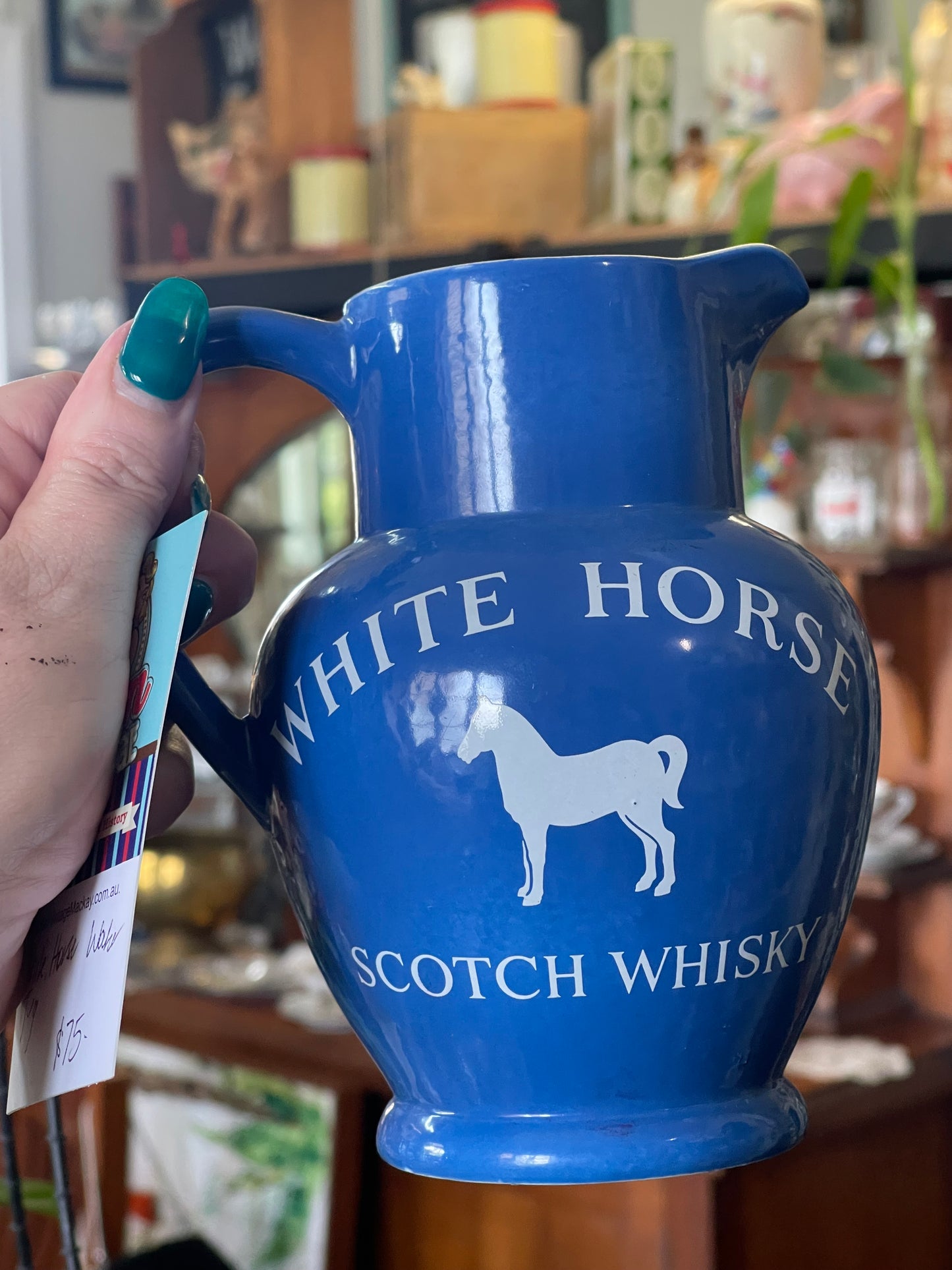 Vintage White Horse Scotch Whiskey Blue Water Jug