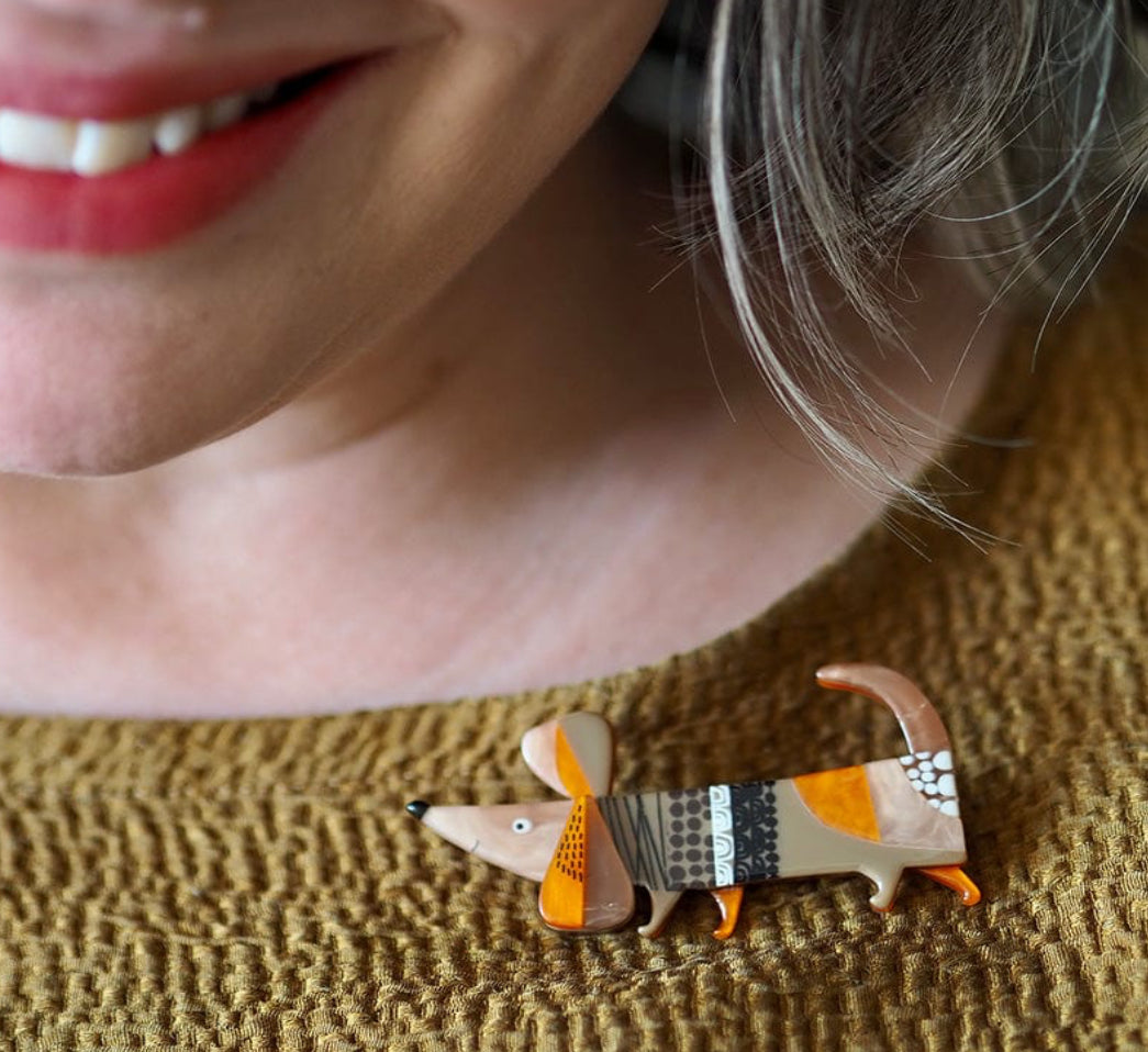 A Dachshund Named Bark Brooch (2024) by Erstwilder and Clare Youngs