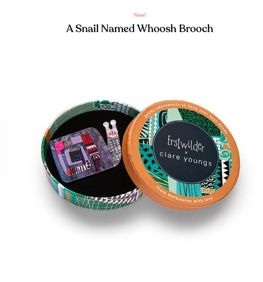 A Snail Named Whoosh Brooch (2024) by Erstwilder and Clare Youngs